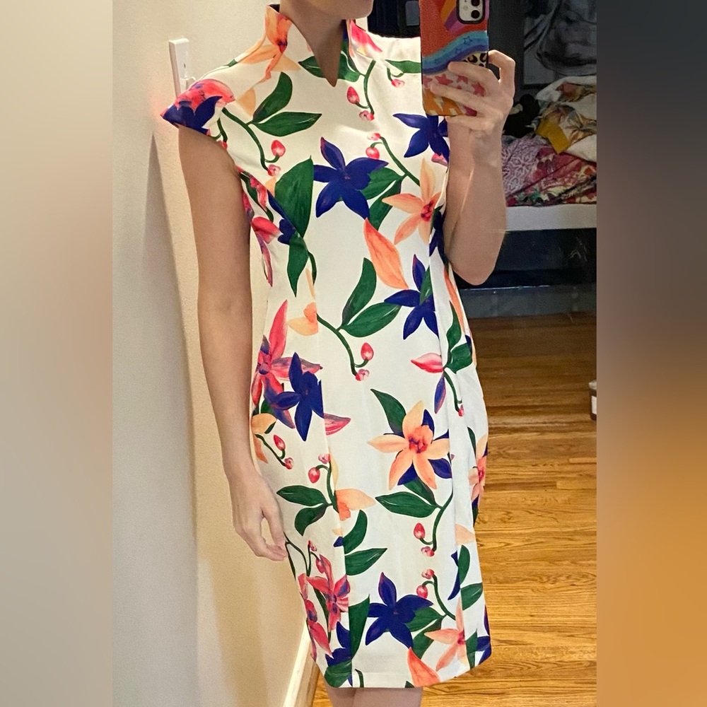 ALEXIA ADMOR Scuba Midi Sheath Dress Floral Cap Sleeve